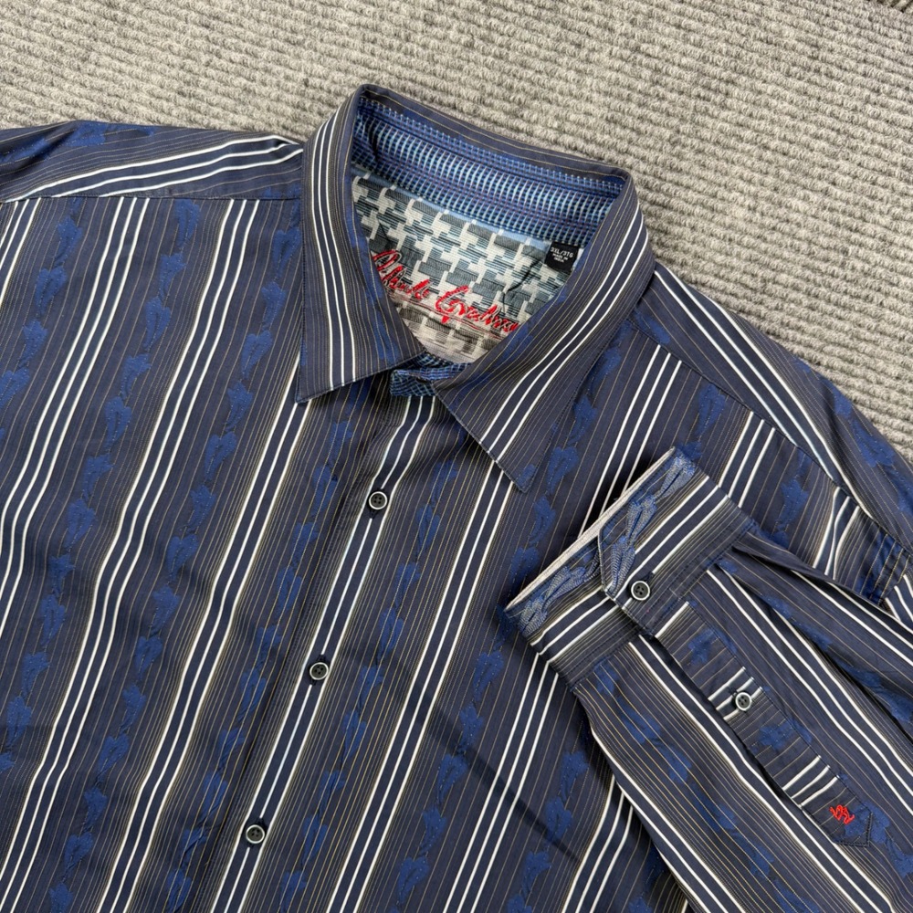 Robert Graham Navy Blue Striped Jacquard Shirt Mens 3XL Long Sleeve Button Down